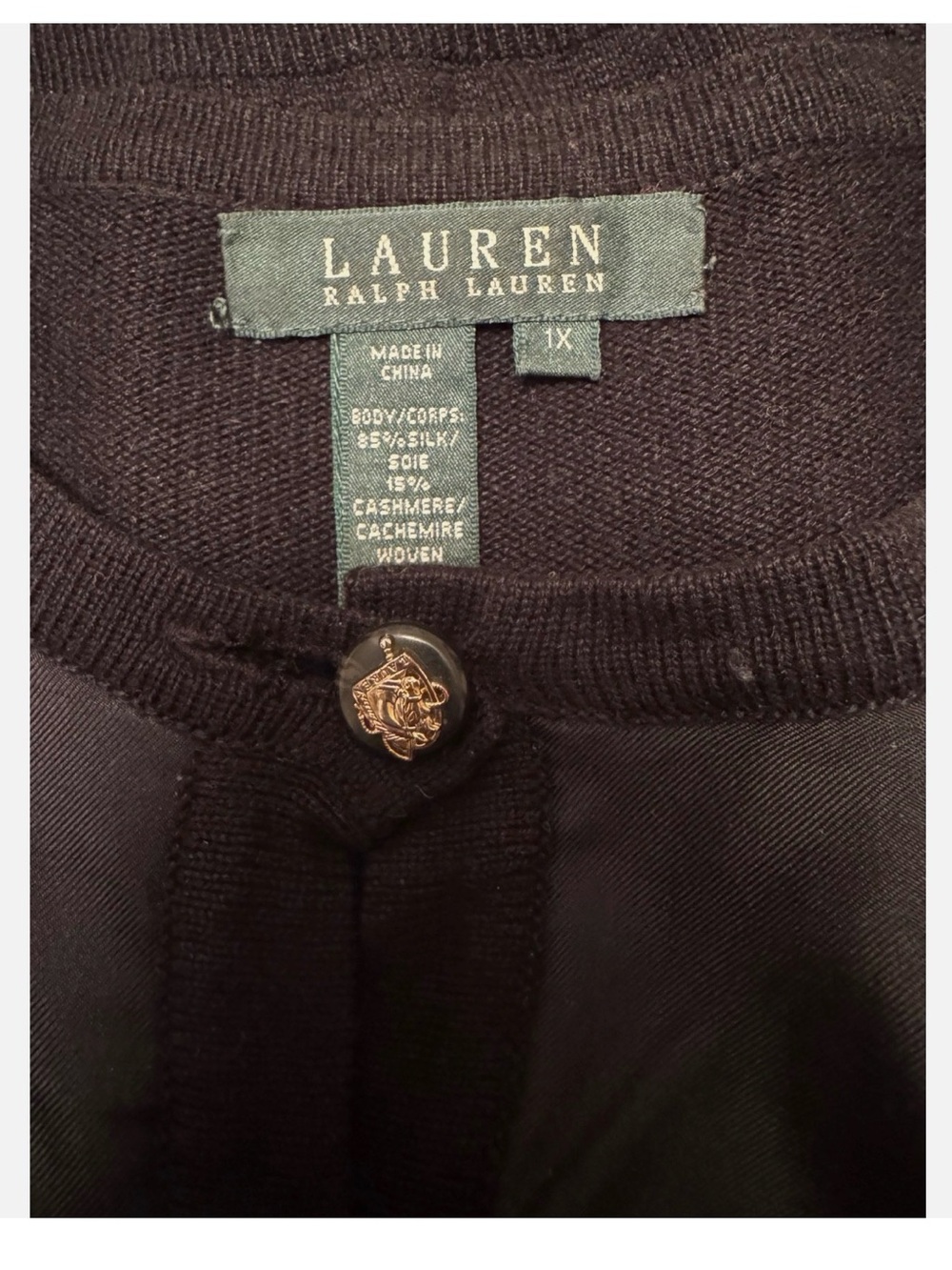 Ralph Lauren Silk Cashmere Black Cardigan with Gold Crest Button - Picture 3 of 4